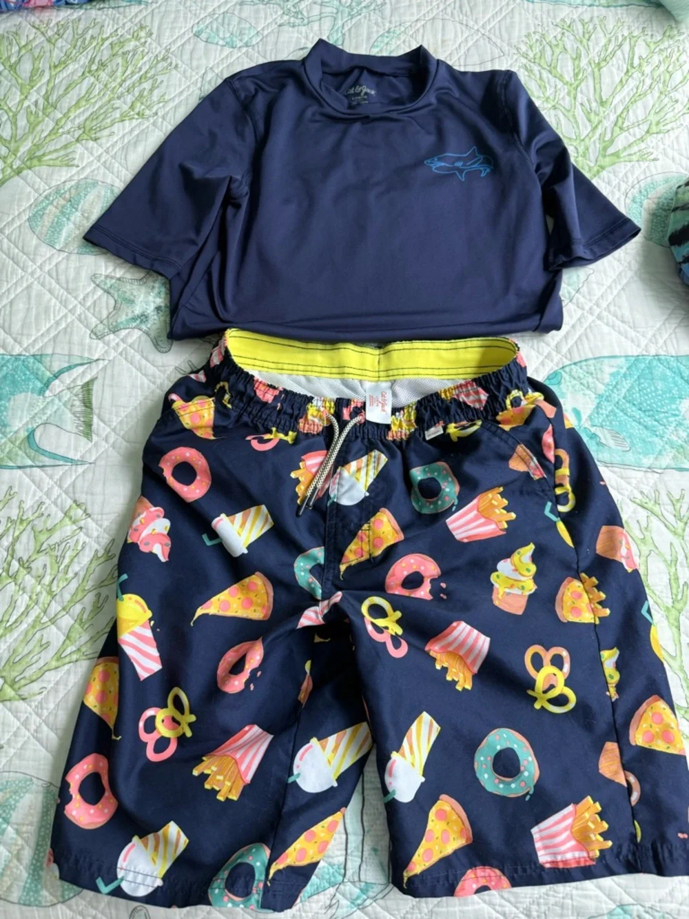Kids large Navy Cat & Jack Rashguard and large Cat & Jack snack swim trunks